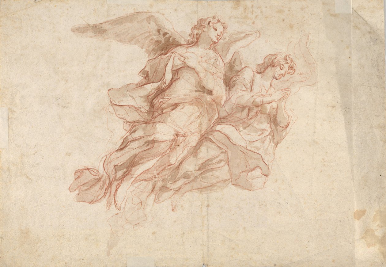 Deux anges volant, verso : Dieu le Père assis dans les nuages et une esquisse d