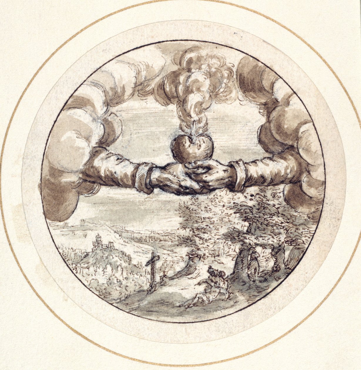 Mains tenant un cœur enflammé et une couronne impériale avec vue sur le Circus Maximus - Crispin I de Passe