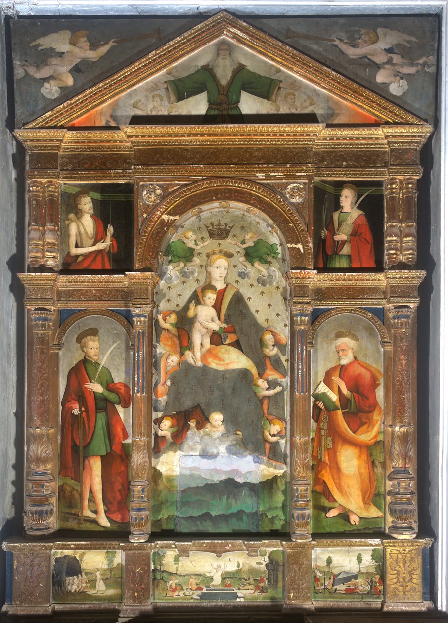 Madone couronnée et enfant avec anges, Saint Paul, Saint Pierre - Cristoforo (fl.1525 1578) & Pancalino Raffaele (fl.1514 1573) Pancalino