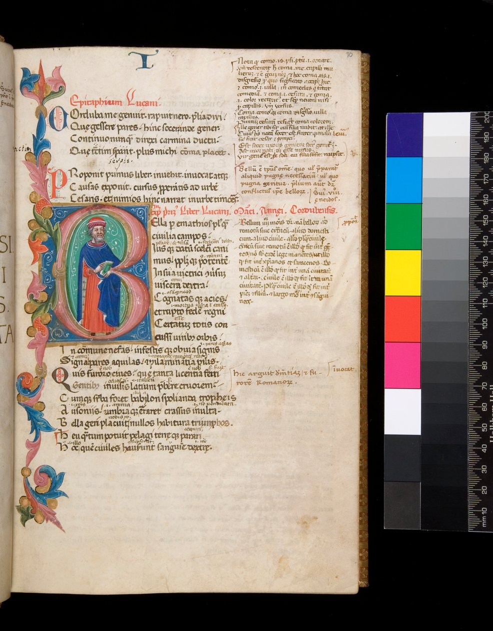 Ms 325. Lucain, Bellum Civile, et autres œuvres, f.10r. Initiale illuminée [B], habitée par un portrait d