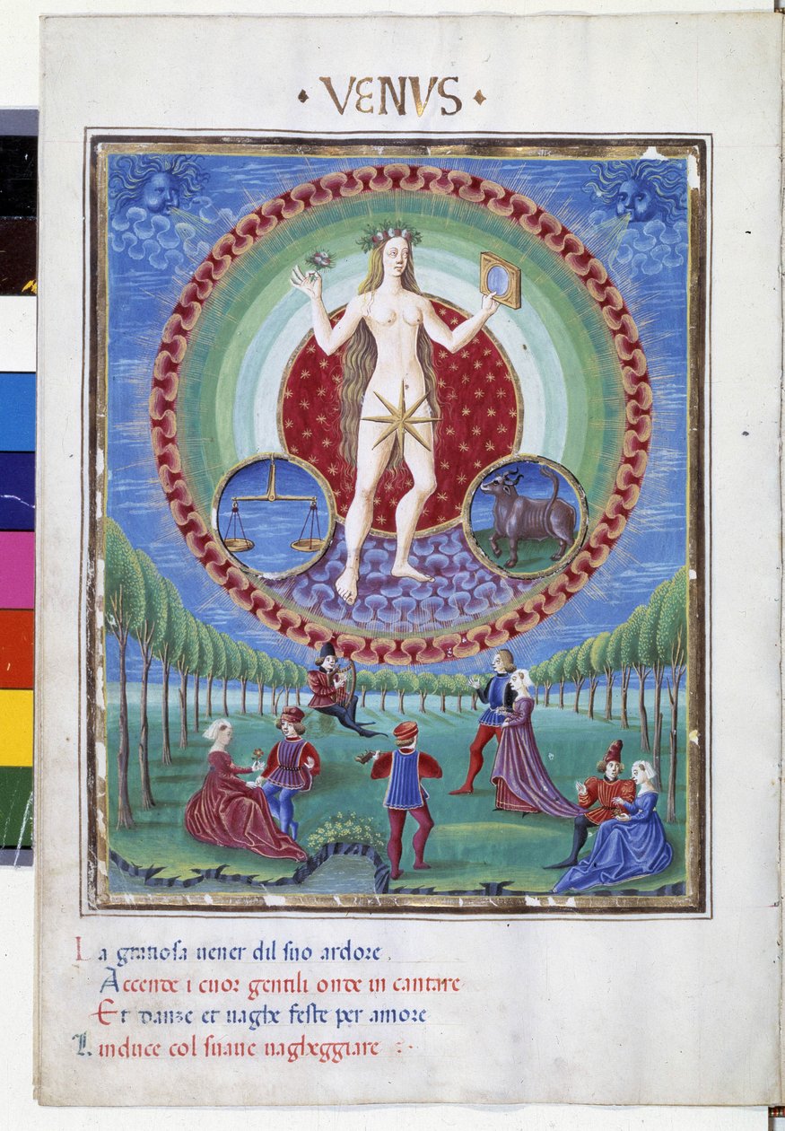 Comète avec les signes du zodiaque de la balance et du taureau. En bas, les scènes galantes. Miniature réalisée par Cristoforo de Predis (v. 1440-v. 1486) - dans 