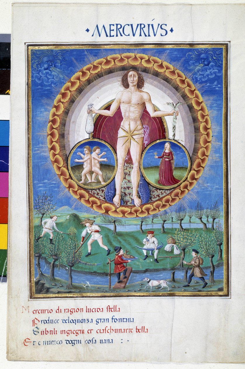 Mercure avec les signes du zodiaque de la Vierge et des Gémeaux. En bas, des paysans travaillant dans les champs. Miniature réalisée par Cristoforo de Predis (v. 1440-v. 1486) - dans 