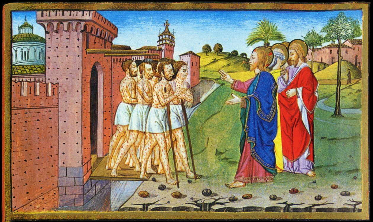 Jésus et les lépreux. Miniature de Cristoforo par Predis - dans Historia del nuovo testamento - Cristoforo De Predis