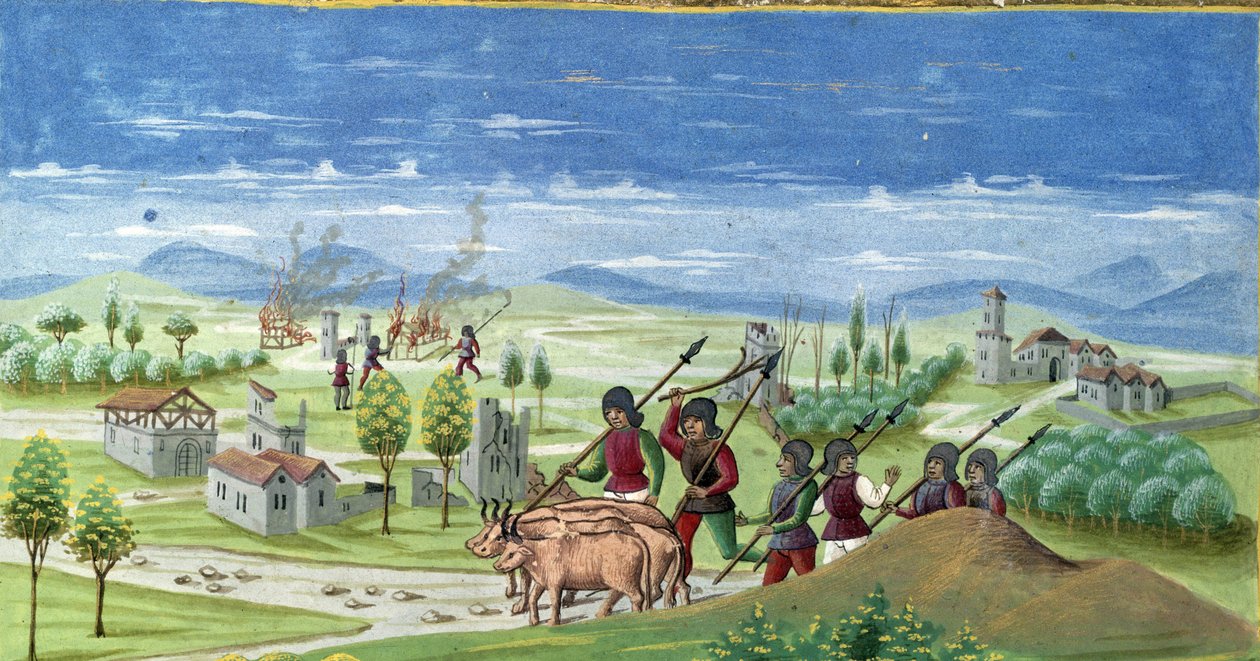 Pillage pendant la guerre. détail de « Influence du Soleil » : La Guerre. Miniature réalisée par Cristoforo de Predis (v. 1440-v. 1486) - dans « De Sphaera » d