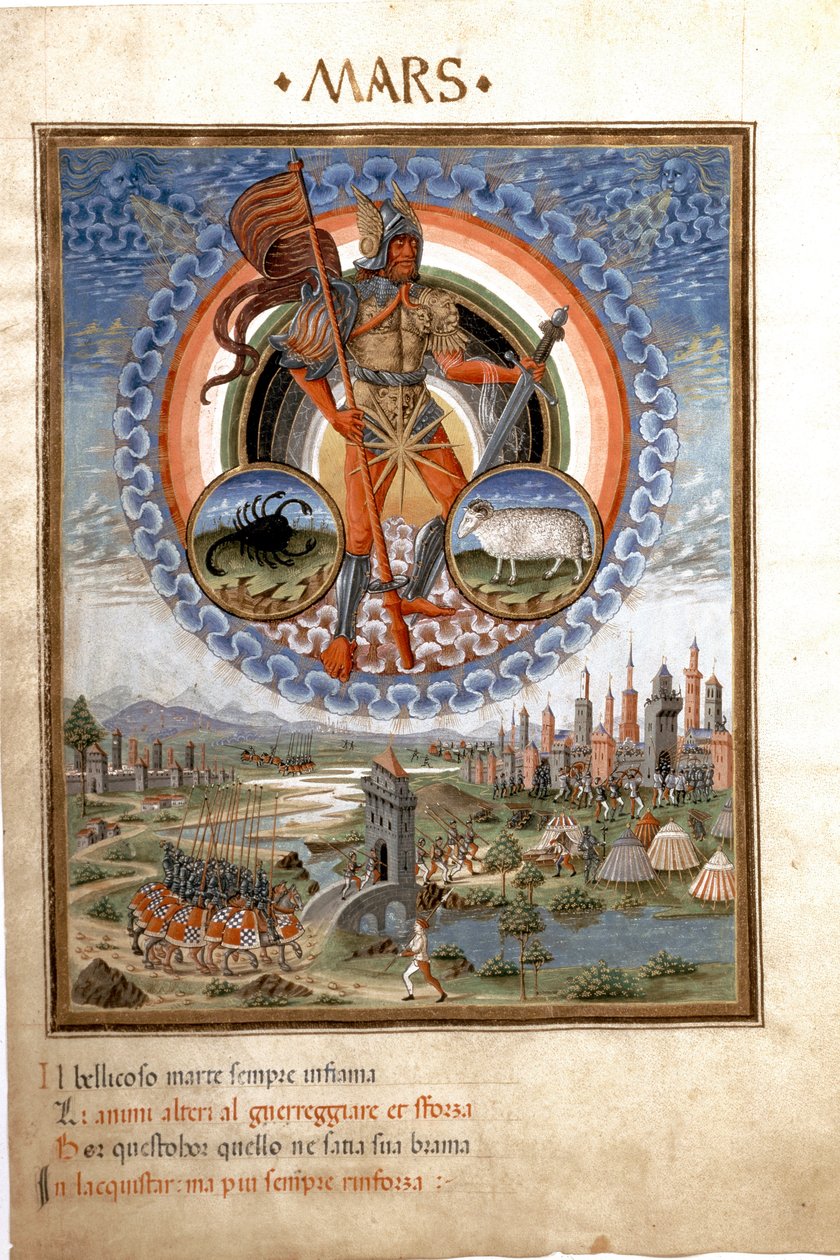 Mars avec les signes du zodiaque du scorpion et du bélier. Les scènes de bataille. (miniature, vers 1470) - Cristoforo De Predis