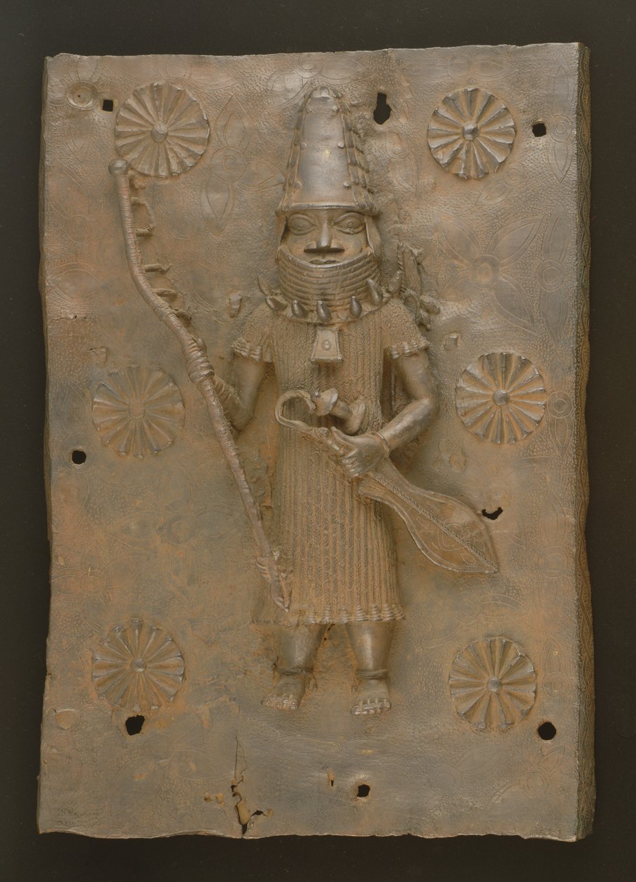 Plaque commémorative représentant un guerrier, Bénin, Nigeria (bronze) - Culture Edo