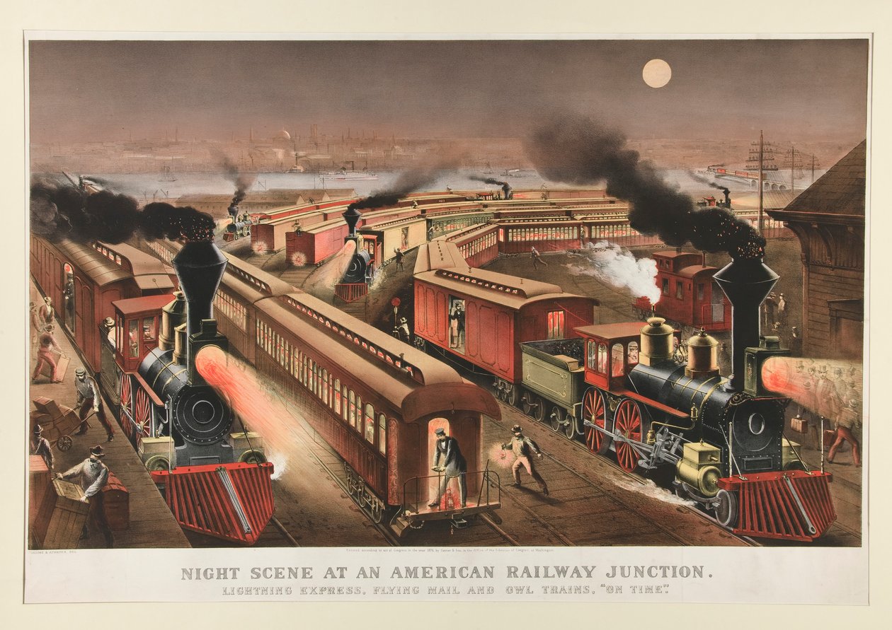 Scène nocturne à une jonction ferroviaire américaine - Currier and Ives