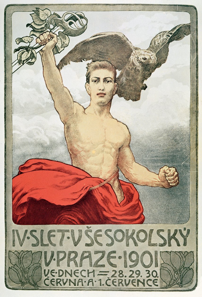 Affiche publicitaire pour la 4e Assemblée des Sokols à Prague en 1901 - Czech School