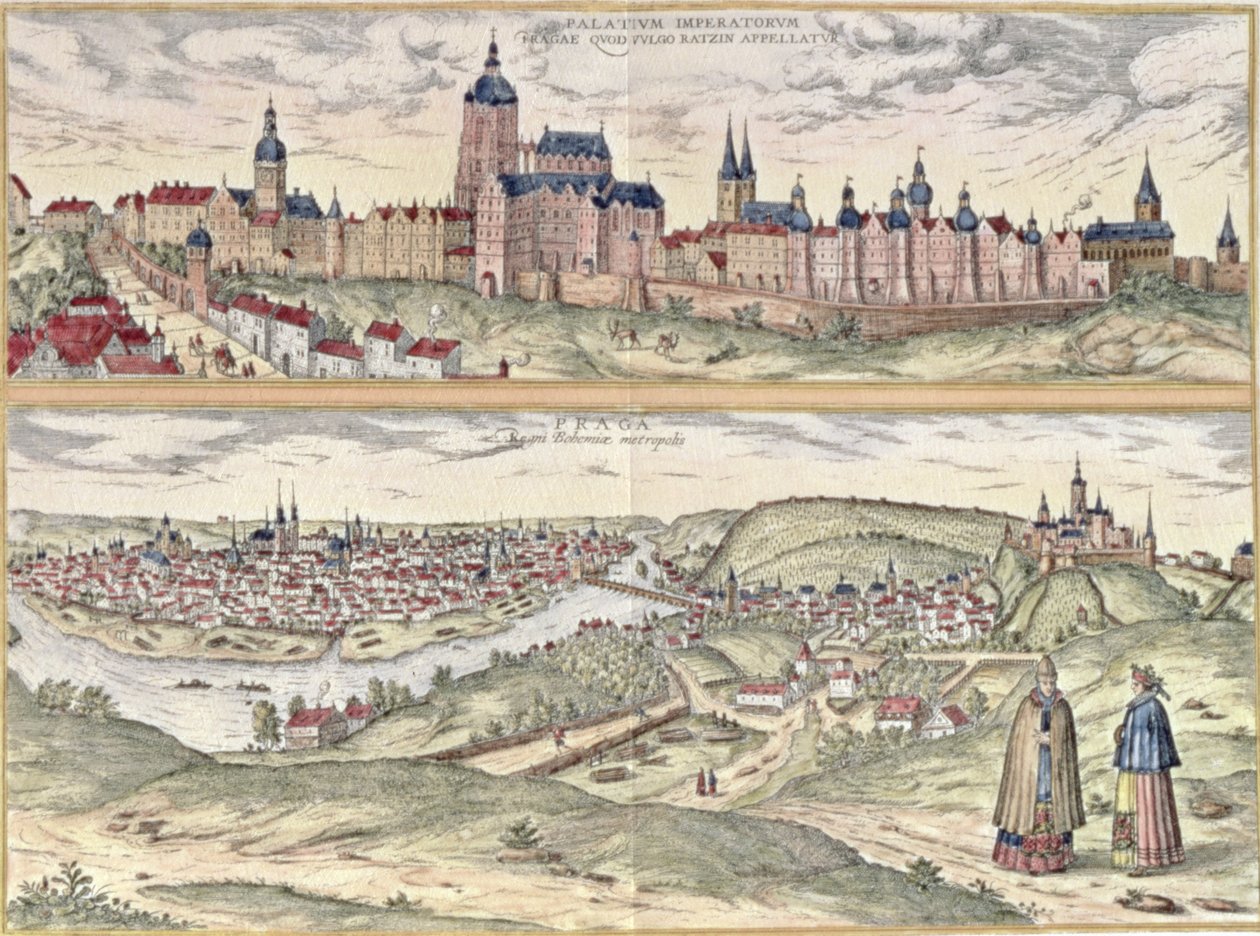 Vue de Prague montrant le Palais Impérial et la rivière Vltava séparant les sections ancienne et moderne de la ville - Czech School