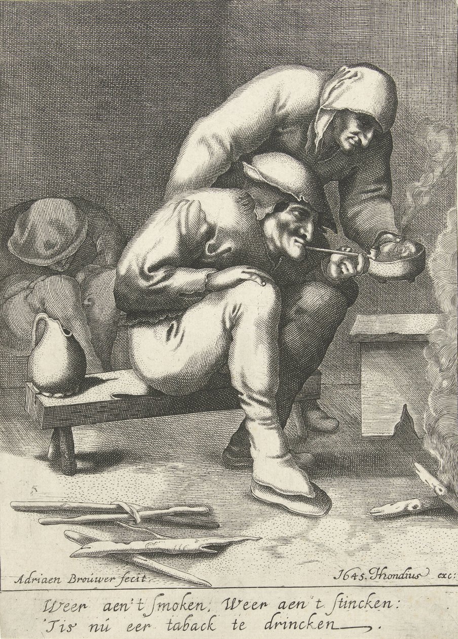 Homme fumant, avec une femme derrière lui - D. van den Bremden