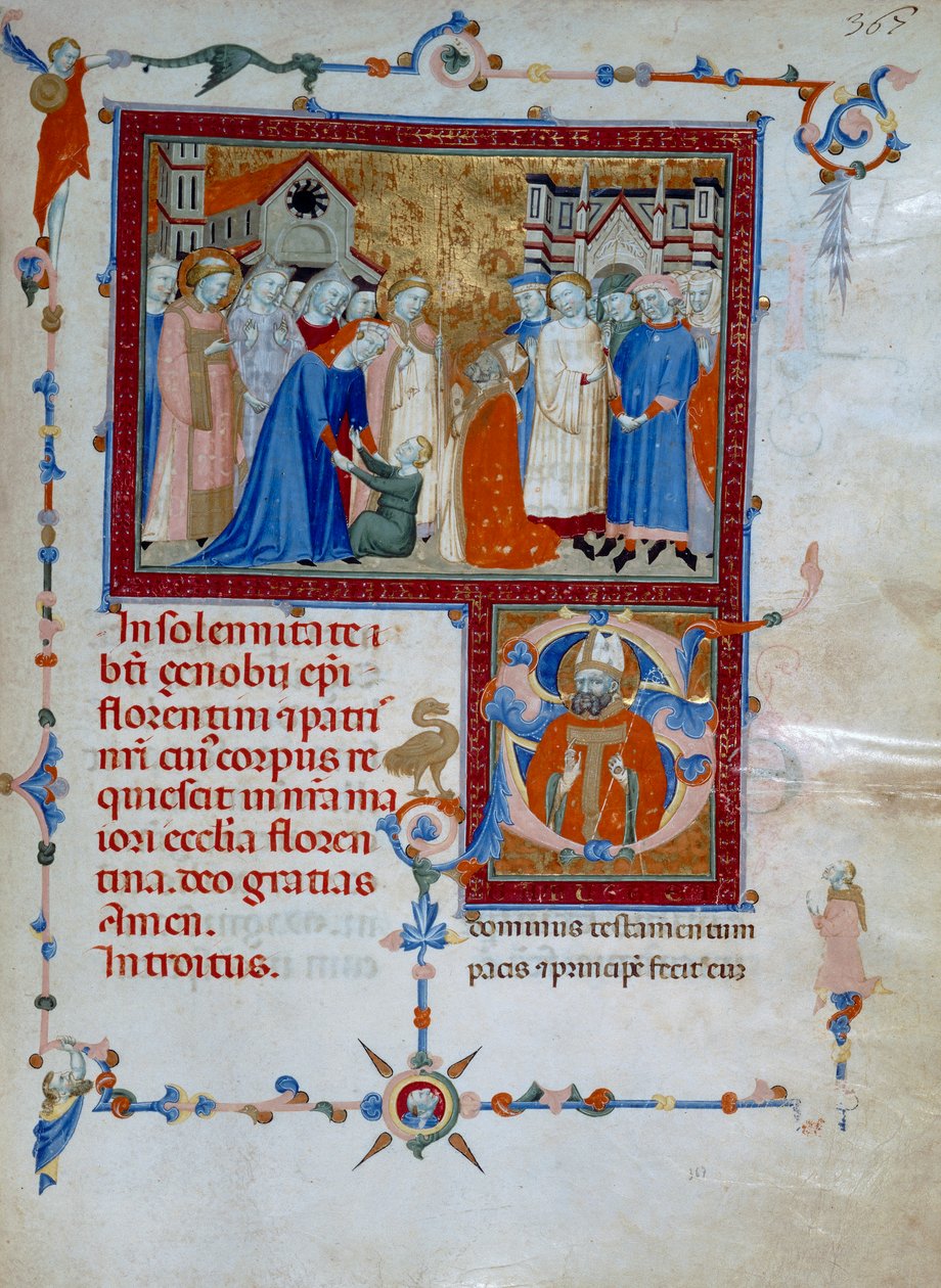 Saint Zanobi ressuscite un garçon (Codice Edili 107, c. 367), pour un Missel Romain - Daddesco Maestro