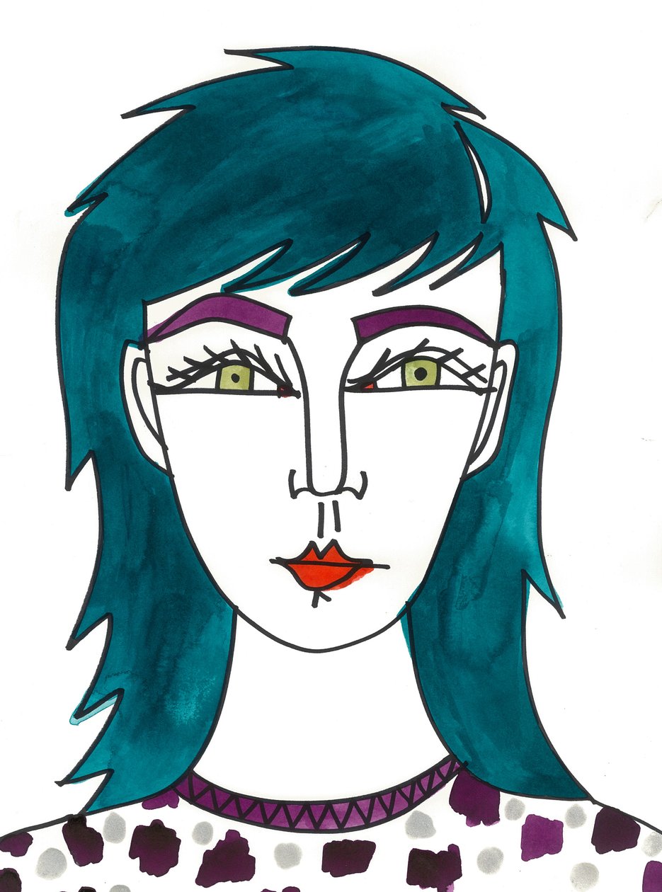 Cheveux verts hirsutes, 2024 (stylo et peinture sur papier) - Daisy de Villeneuve