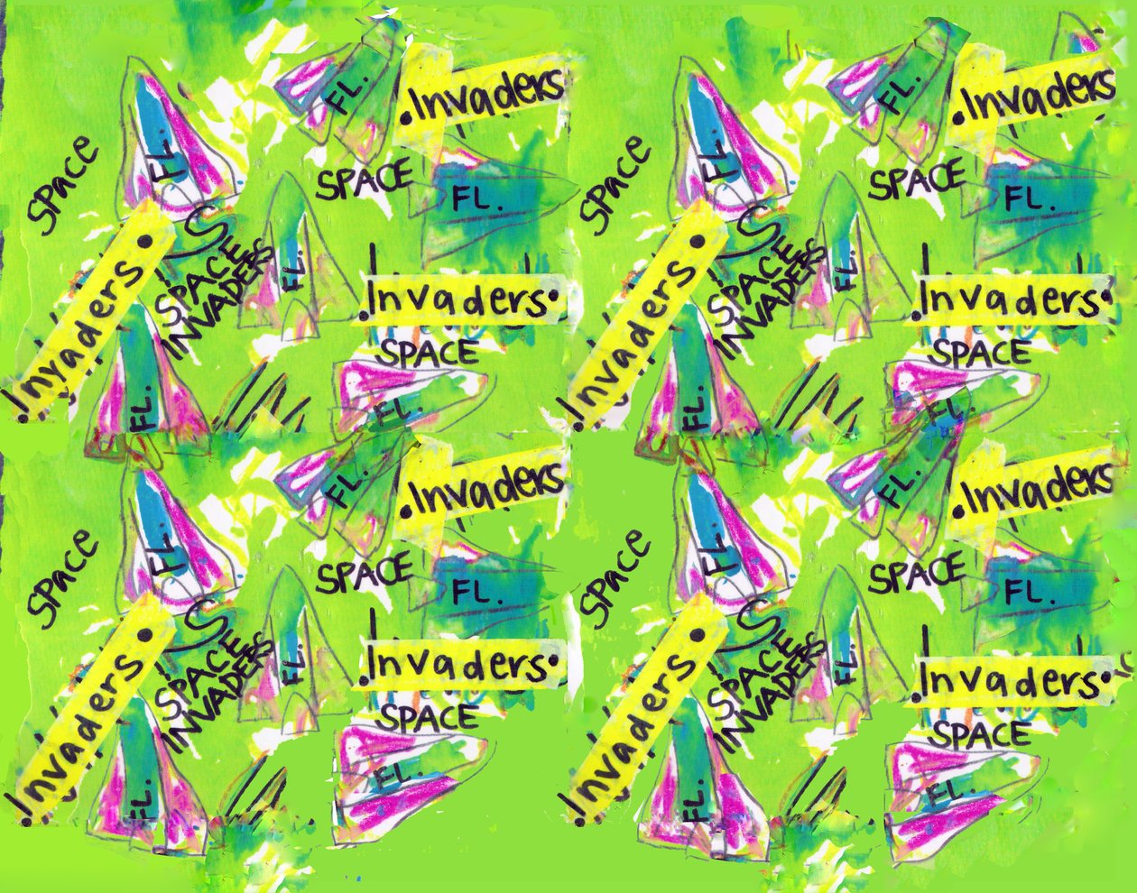 Space Invaders (aquarelle, ruban adhésif, stylo, photoshop) - Daisy de Villeneuve
