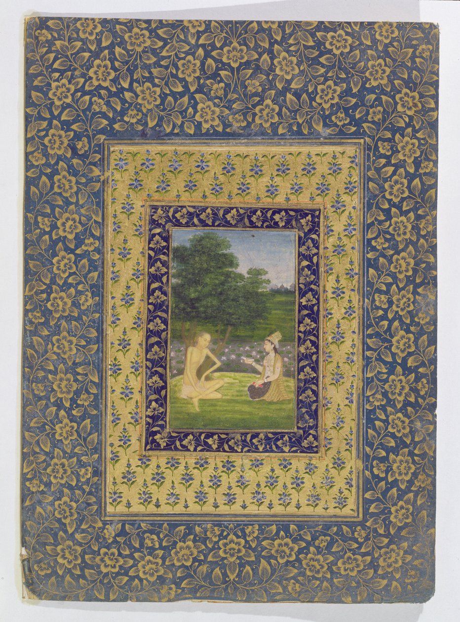 Layla lisant à Majnun, qui est assis sous un arbre près d