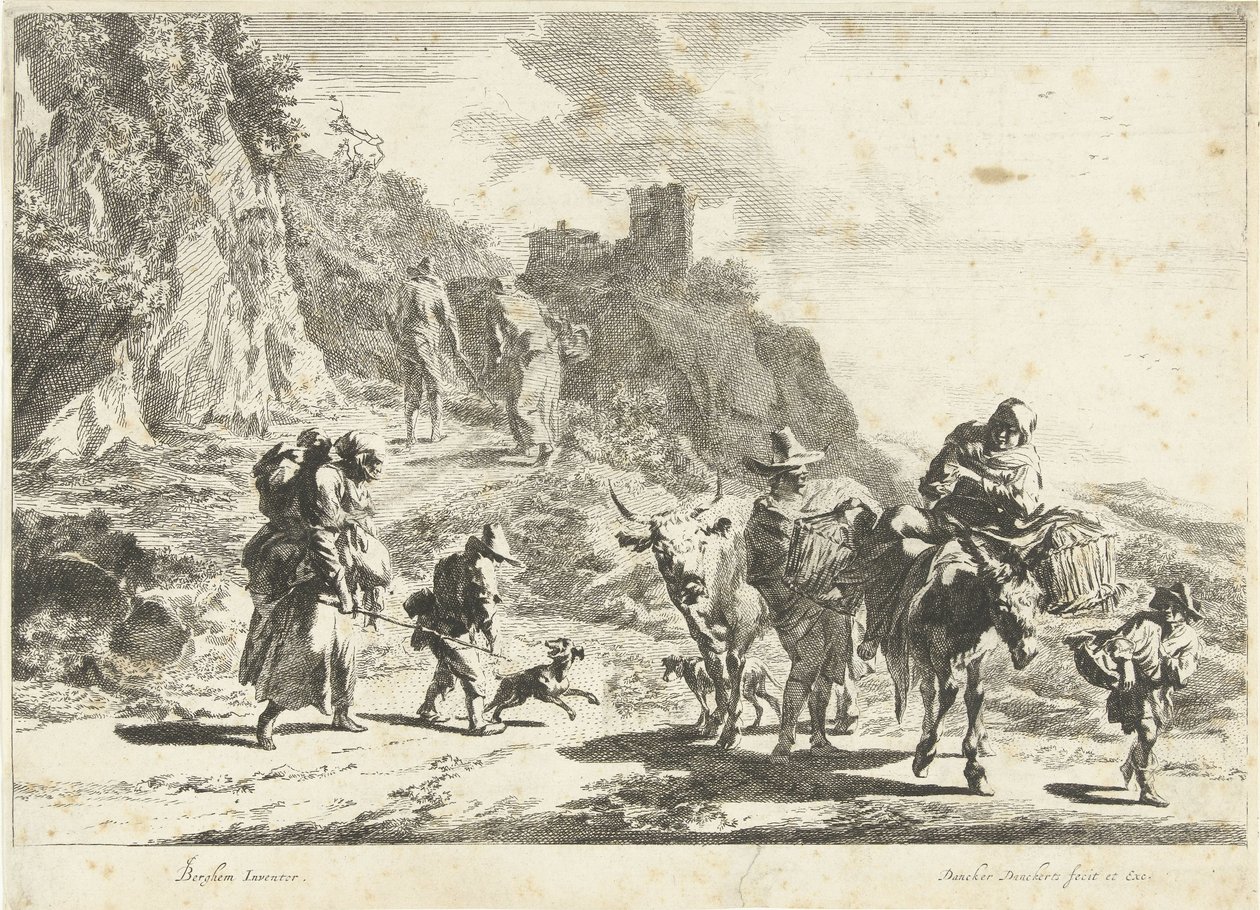 Femme sur un âne chargé, homme avec une vache et autres voyageurs dans un paysage montagneux (Paysages du Sud) - Dancker Danckerts