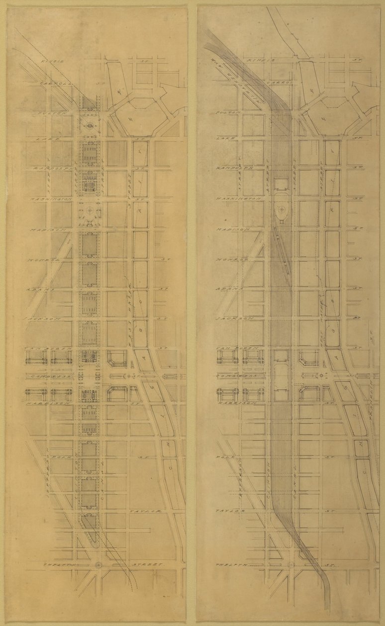 Planche 79 2 Dessins du Plan de Chicago, 1909: Emplacement et disposition suggérés de la... - Daniel Burnham