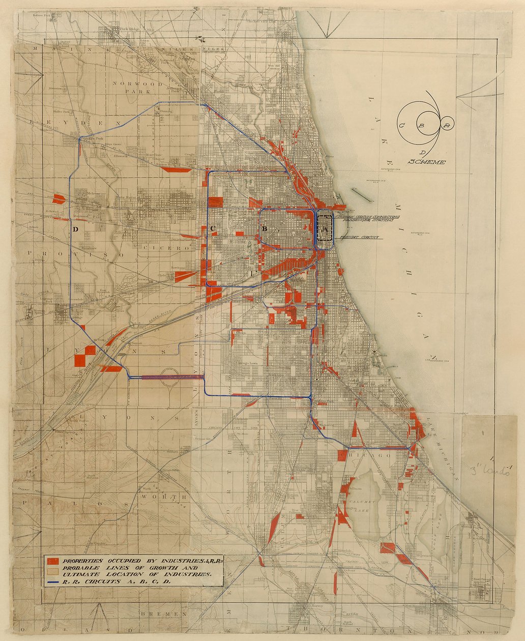 Plan de Chicago, Chicago, Illinois, Diagramme des circuits ferroviaires - Daniel Hudson Burnham