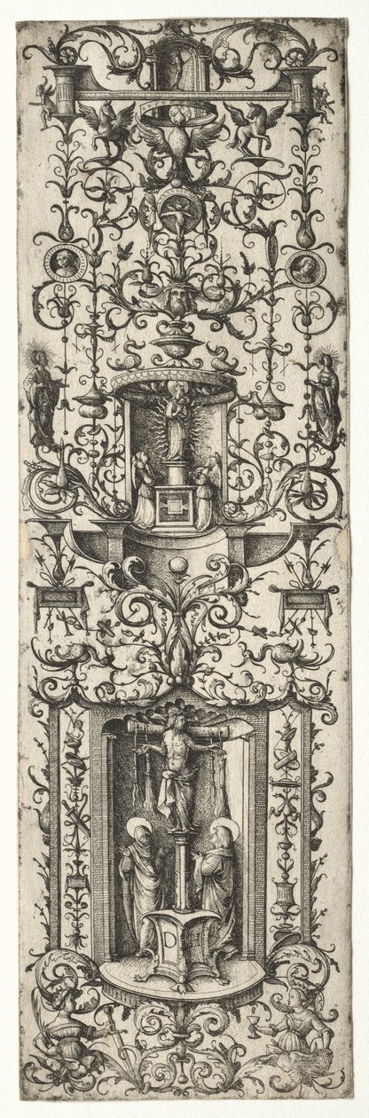 Filet ornemental avec la crucifixion et la vierge à l
