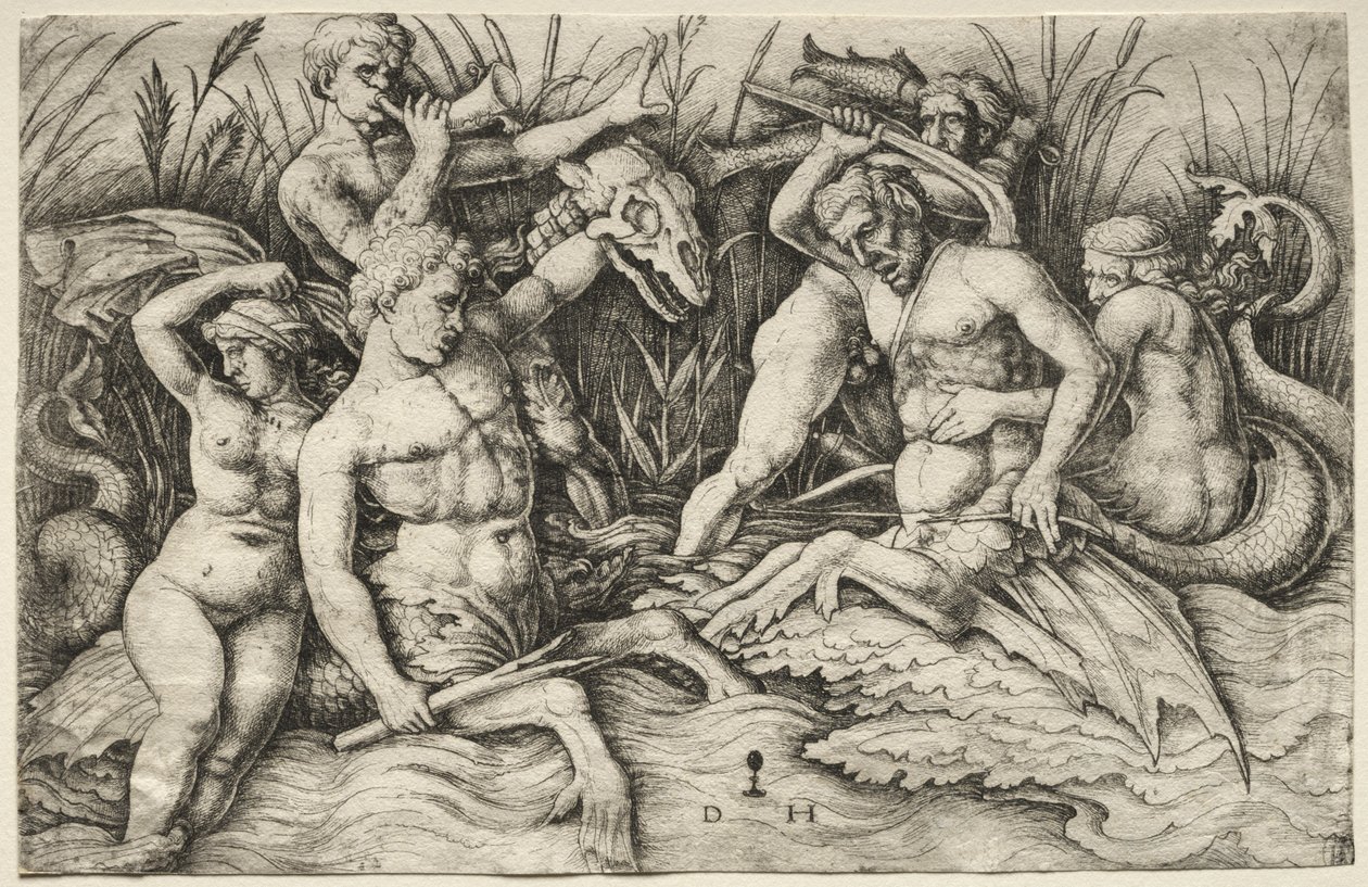 Deux tritons se battant - Bataille des dieux de la mer (partie droite) - Daniel I Hopfer