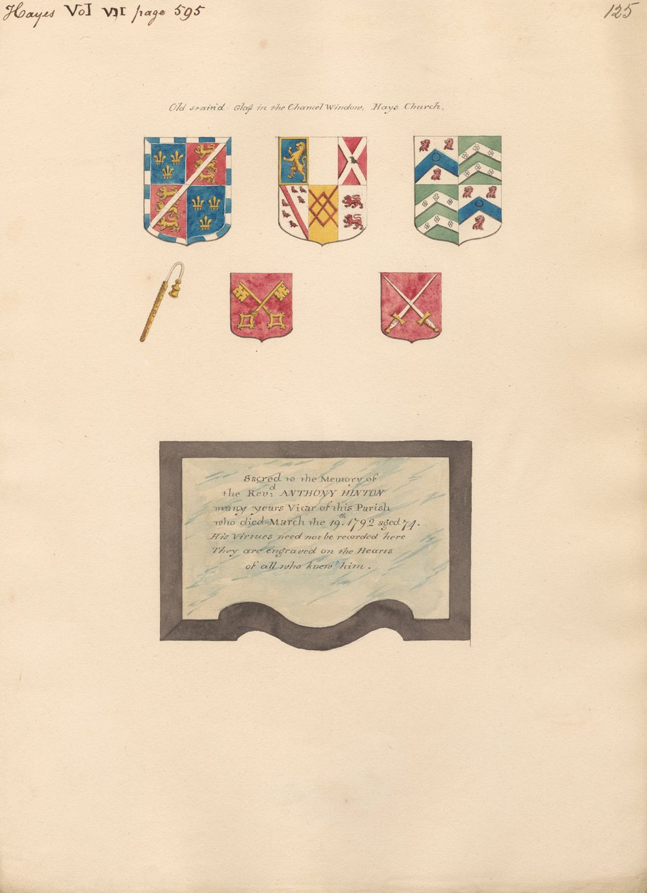 Vitrail ancien dans la fenêtre de la chapelle et mémorial au révérend Anthony Hilton de Hayes - Daniel Lysons