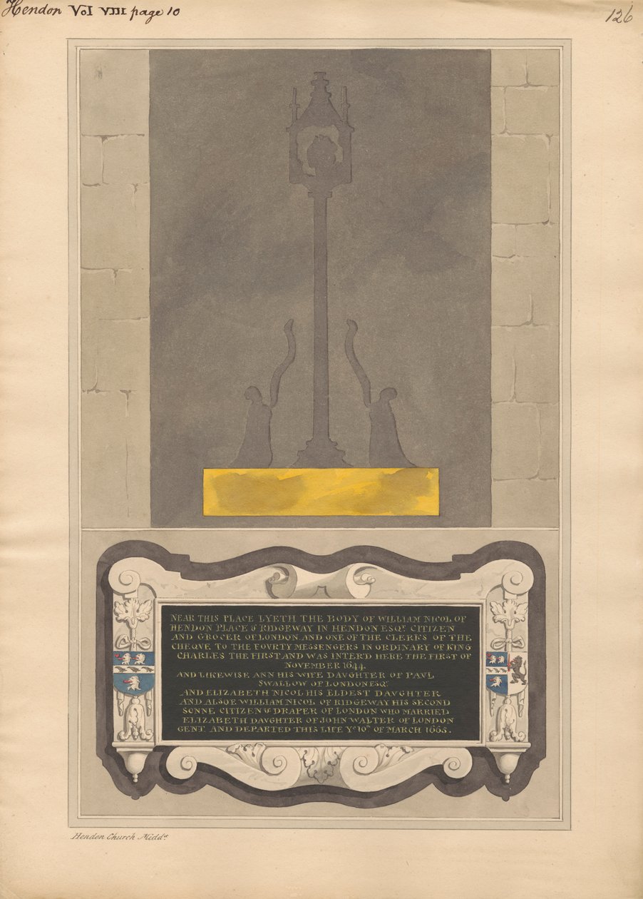 Restes de plaque de laiton et mémorial à William Nicol, Ann sa femme, Elizabeth sa fille et William son fils de l