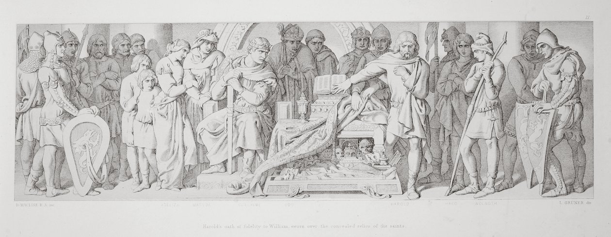 Le serment de fidélité de Harold à Guillaume, prêté sur les reliques cachées des saints, de 