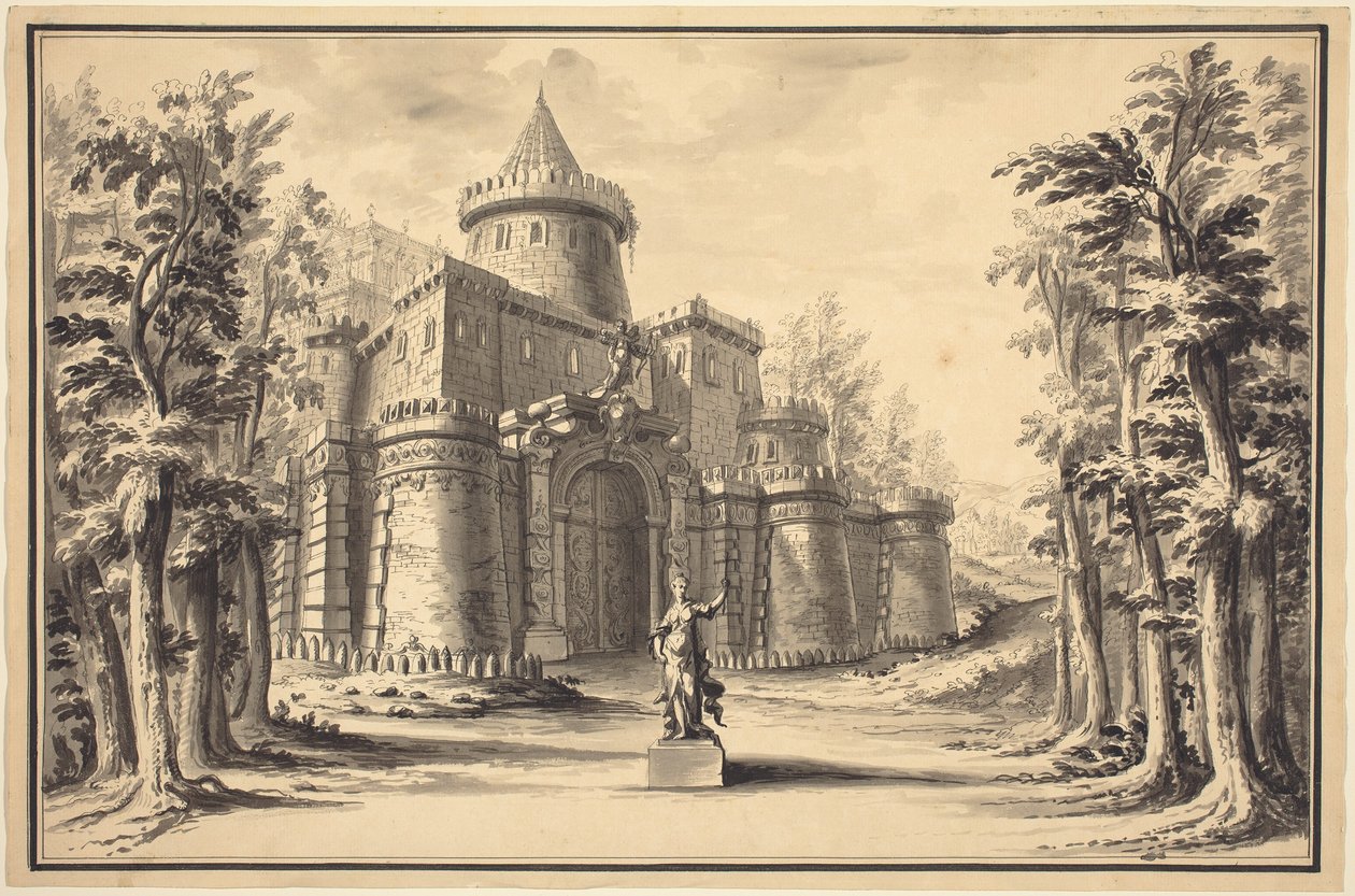 Décor de scène avec une statue et un palais - Daniel Marot the Younger