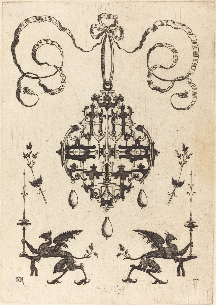 Grand pendentif, en bas à gauche et à droite deux griffons portant des chandeliers fantastiques - Daniel Mignot