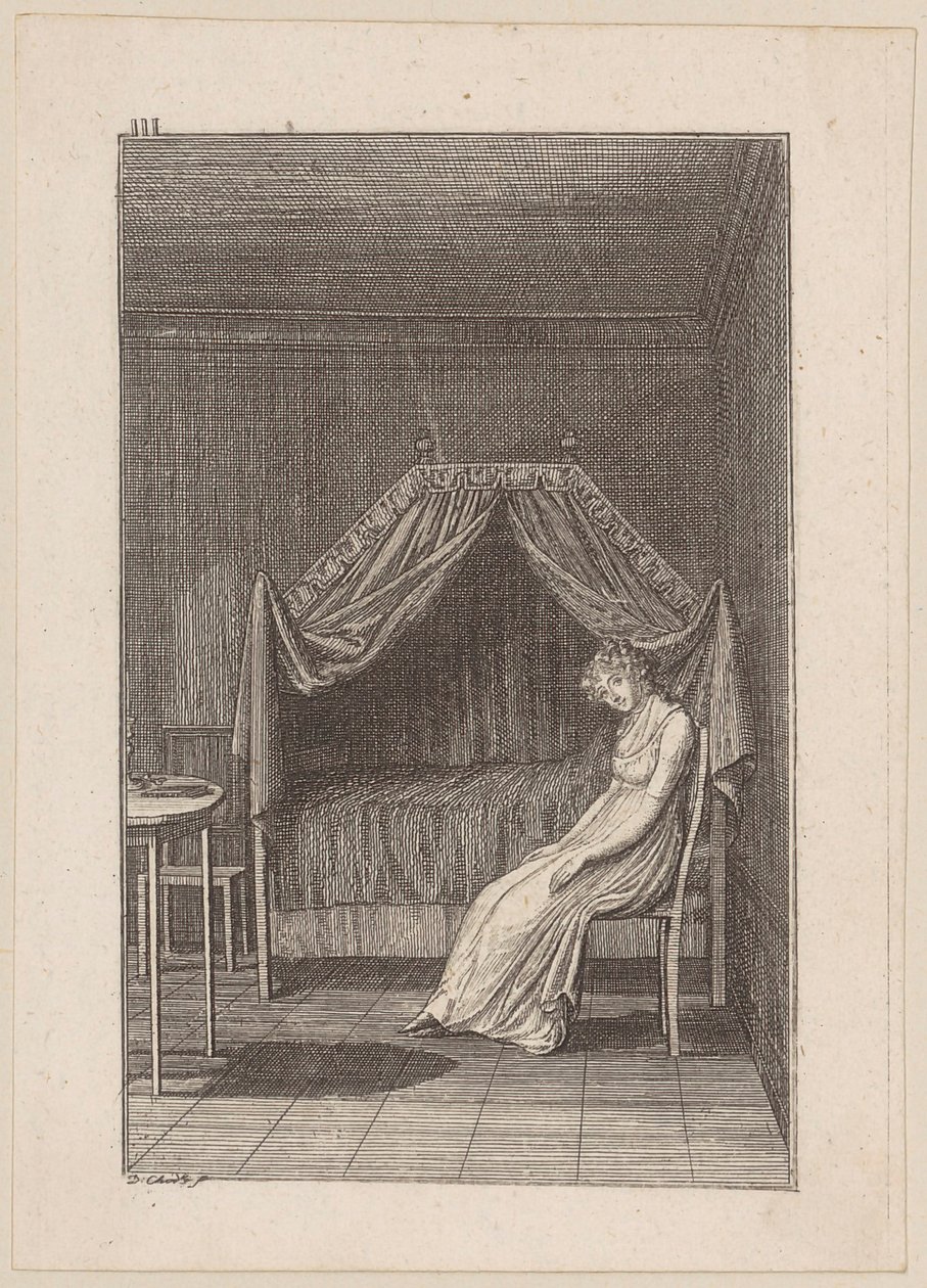 Adolphine réfléchit aux fiançailles imminentes, planche 3 du récit « Le cadeau de fiançailles » - Daniel Nikolaus Chodowiecki