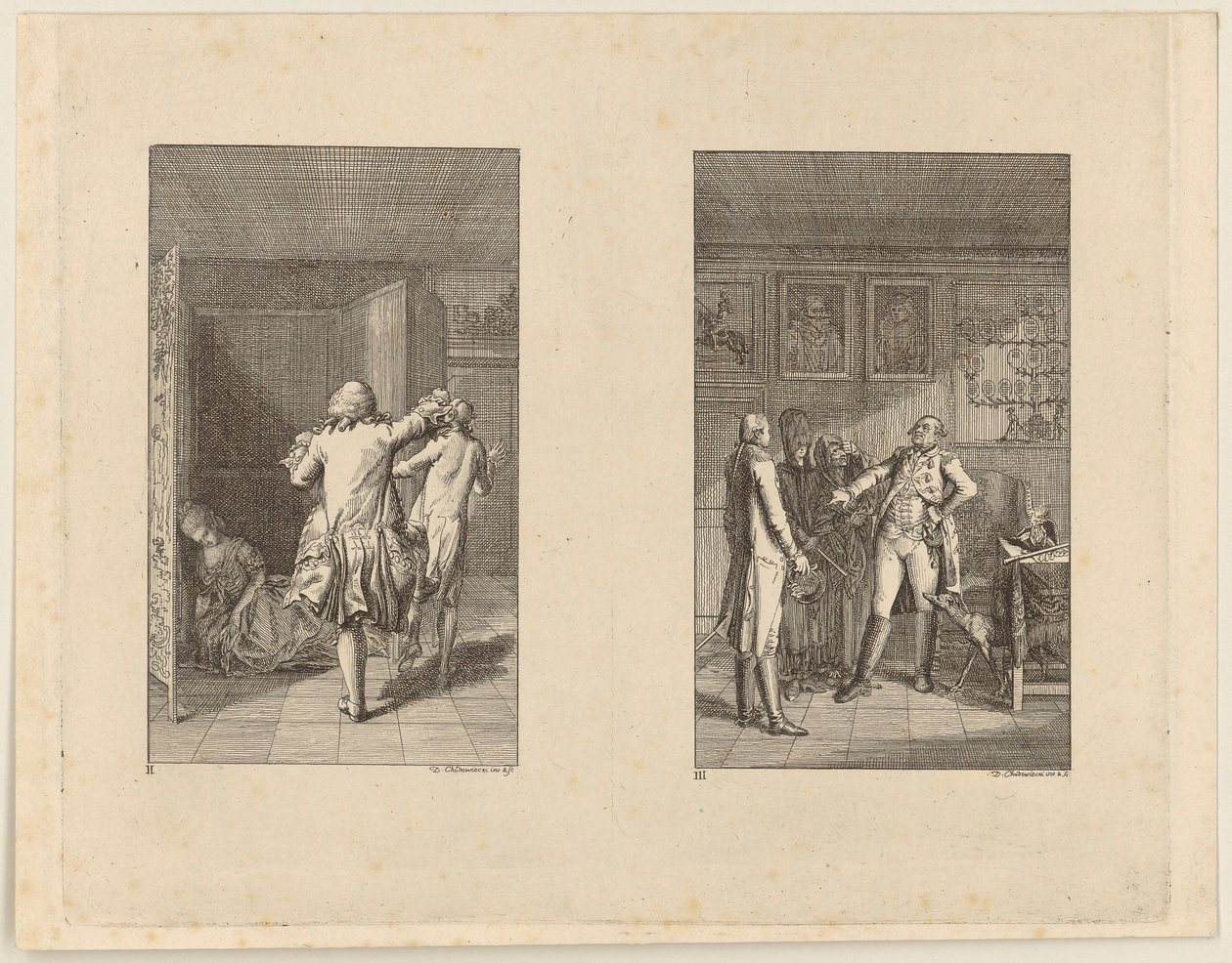 Le baron chasse Candide hors du château [à gauche] ; Candide, Cunégonde et la vieille femme devant le gouverneur de Buenos Aires [à droite] - Daniel Nikolaus Chodowiecki