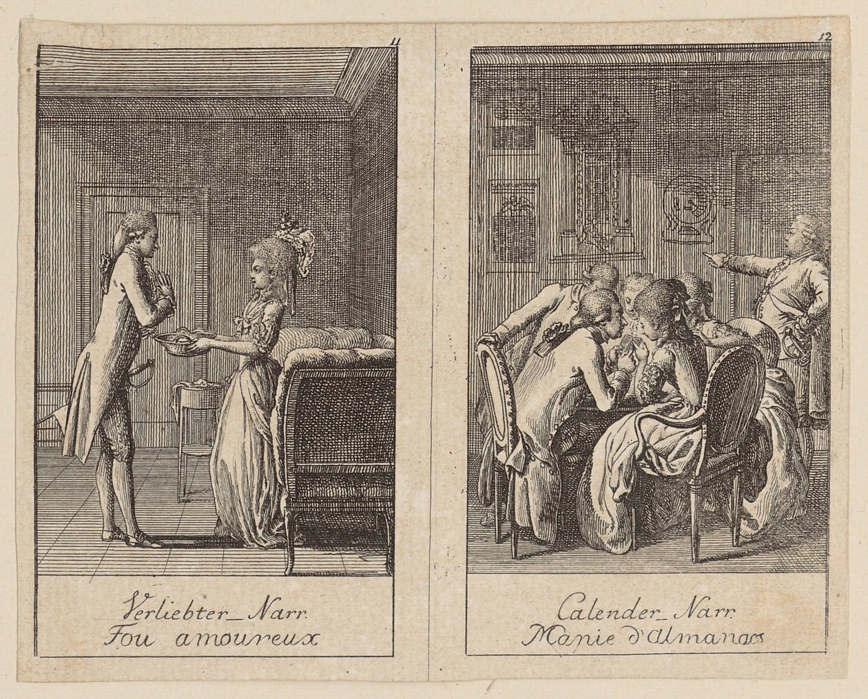Feuilles 11 et 12 du *Centifolium Stultorum*, « Folies » - Daniel Nikolaus Chodowiecki