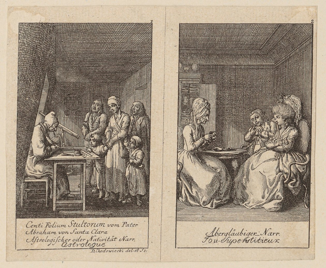 Fiches 1 et 2 sur le *Centifolium Stultorum*, « Folies » - Daniel Nikolaus Chodowiecki