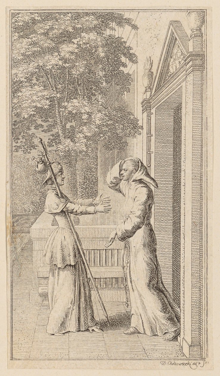 Frère Graurock et la pèlerine, page 4 du premier numéro des « Poèmes de Gottfried August Bürger » - Daniel Nikolaus Chodowiecki