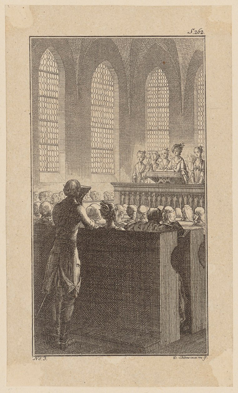 Bunkel dans une chapelle lors de la prière du matin, feuille n° 3 tirée de « Vie, remarques et opinions de Johann Bunkel » - Daniel Nikolaus Chodowiecki