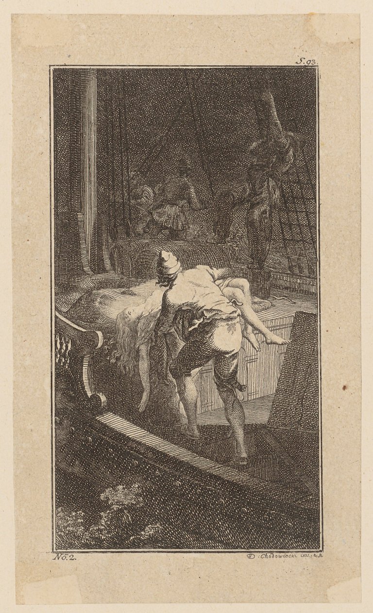 Bunkel porte Miss Melmoth de la cabine inondée sur le pont, planche 2 de « Vie, observations et opinions de Johann Bunkel » - Daniel Nikolaus Chodowiecki