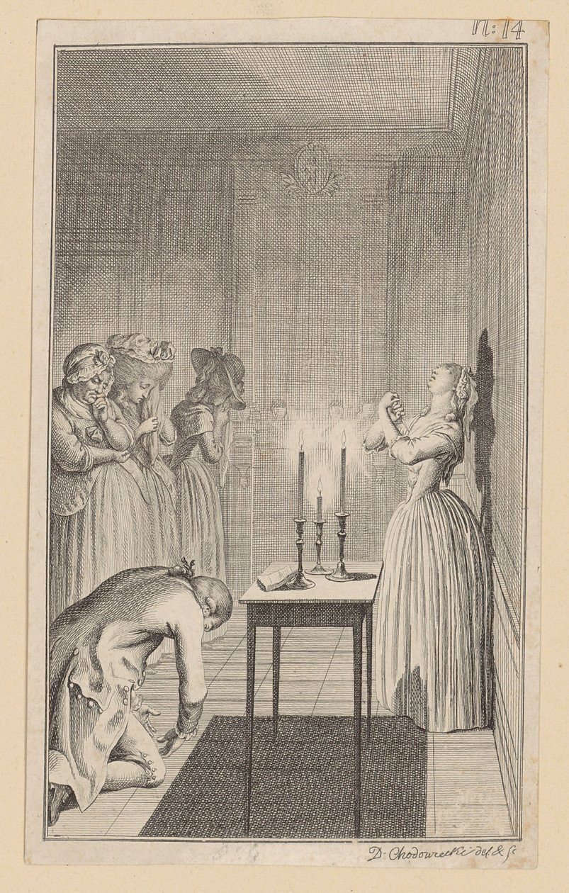 Clarisse menace de se poignarder avec un couteau pour se protéger du déshonneur que lui ferait subir Lovelace - Daniel Nikolaus Chodowiecki