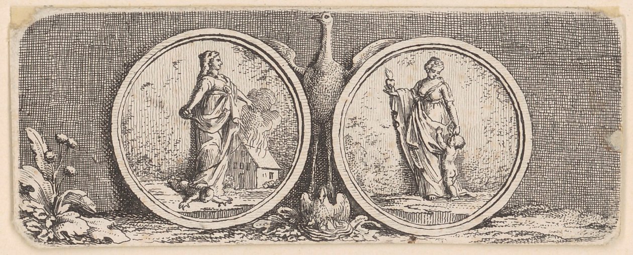 Représentation avec deux médaillons, femme posant le pied sur un enfant et une maison en flammes, femme avec un enfant et un cœur brûlant - Daniel Nikolaus Chodowiecki