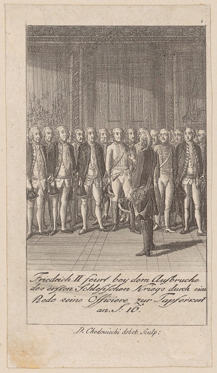 Frédéric II exhorte ses officiers à la bravoure par un discours au début de la première guerre de Silésie - Daniel Nikolaus Chodowiecki