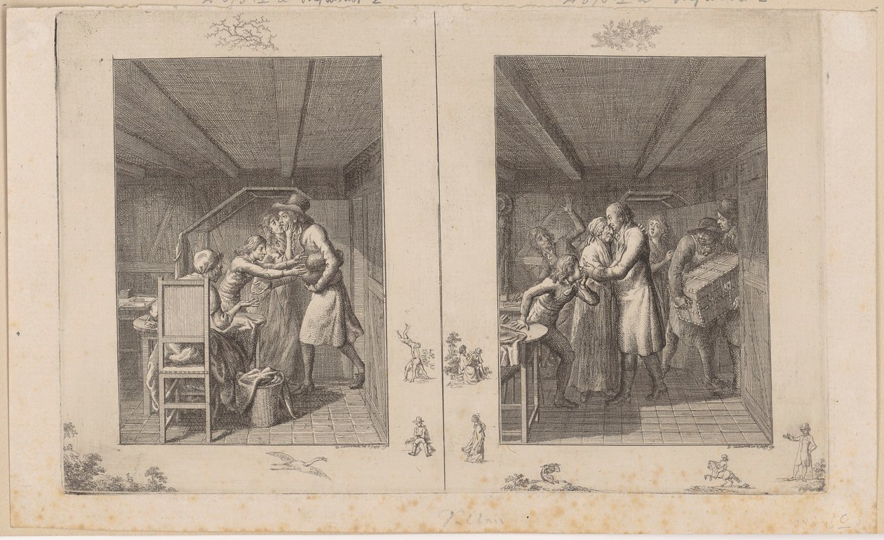Ludwig fait vivre péniblement sa famille grâce à son travail [à gauche] ; Le père retourne auprès de sa famille enrichi de trésors [à droite] - Daniel Nikolaus Chodowiecki