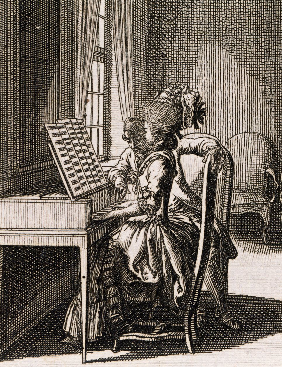 Musique, femme jouant du clavecin, par Daniel Niklaus Chodowiecki, d