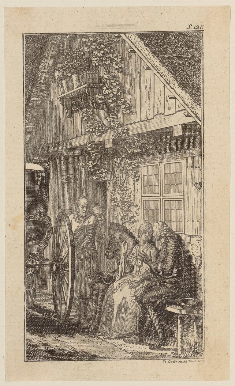 Sebaldus, Mariane et leur nourrisson assis sur un banc devant la ferme - Daniel Nikolaus Chodowiecki