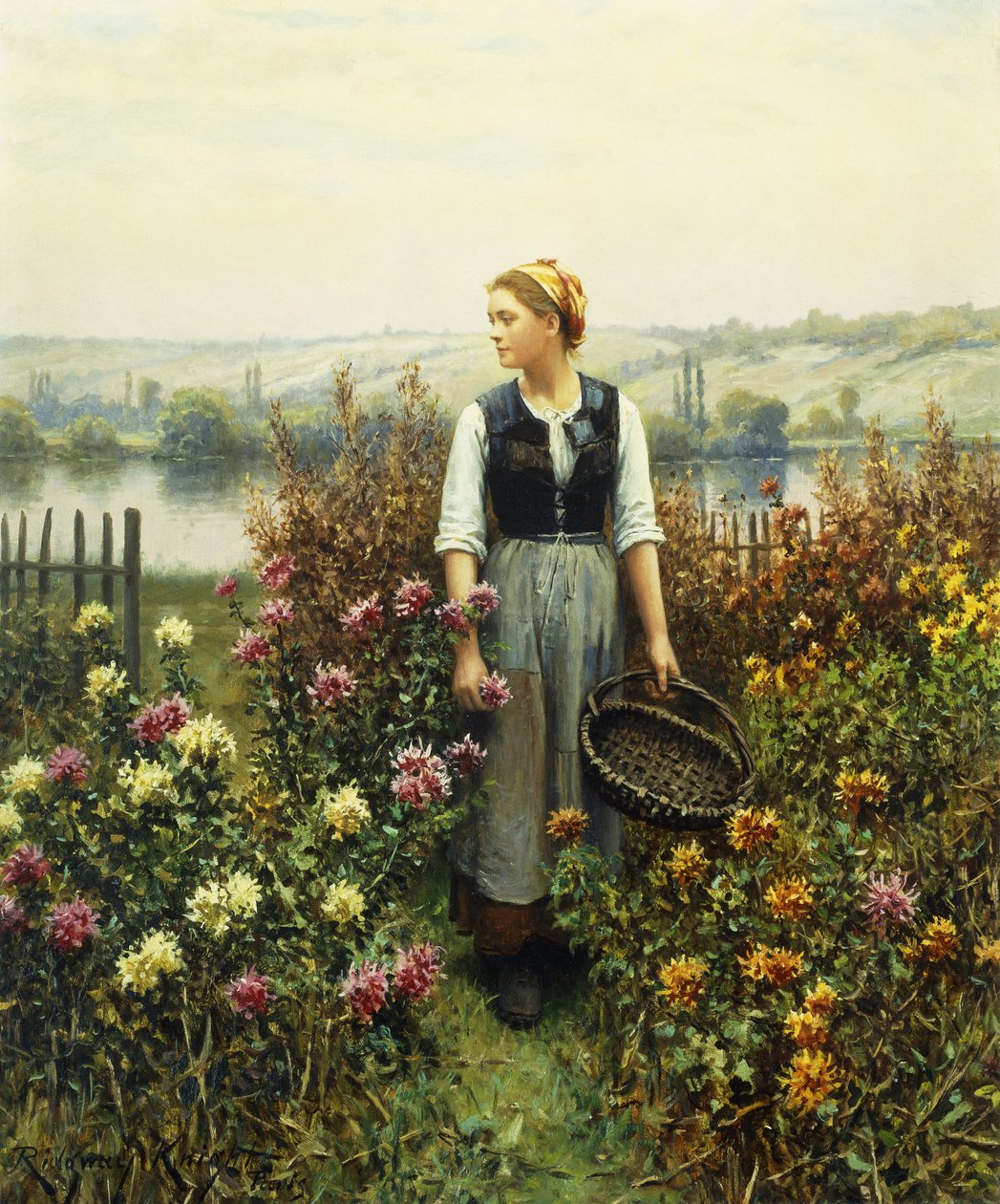Fille avec un panier dans un jardin - Daniel Ridgway Knight