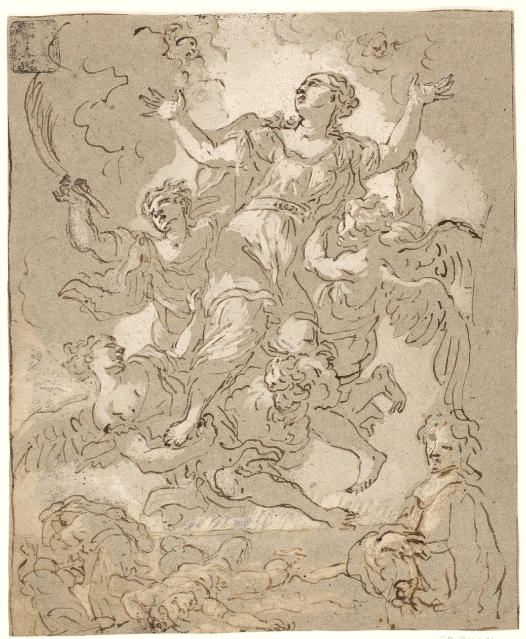 Sainte Rosalie en gloire avec des figures mourantes et courant et un homme en demi-longueur en dessous - Daniel Seiter