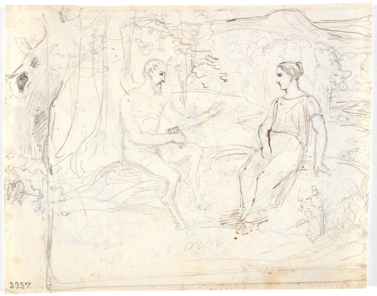 Un satyre avec une flûte et une jeune fille, assis dans une forêt - Dankvart Dreyer