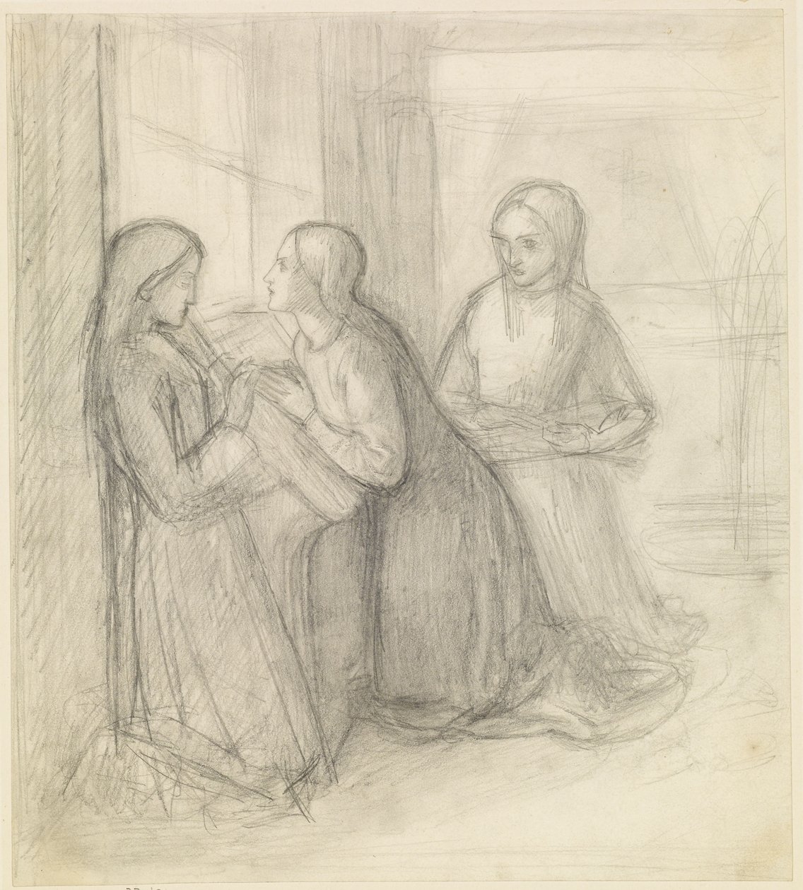 (Probablement) Sainte Elisabeth de Hongrie agenouillée avec ses compagnons Isentrudis et Guta - Dante Gabriel Charles Rossetti