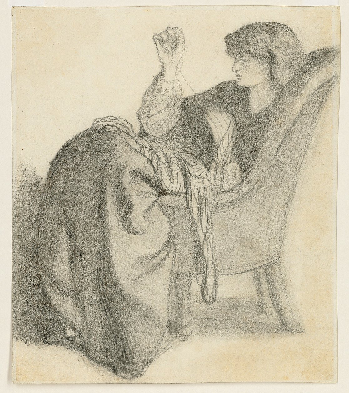 Lachesis : Étude de Jane Morris assise sur une chaise cousant - Dante Gabriel Charles Rossetti