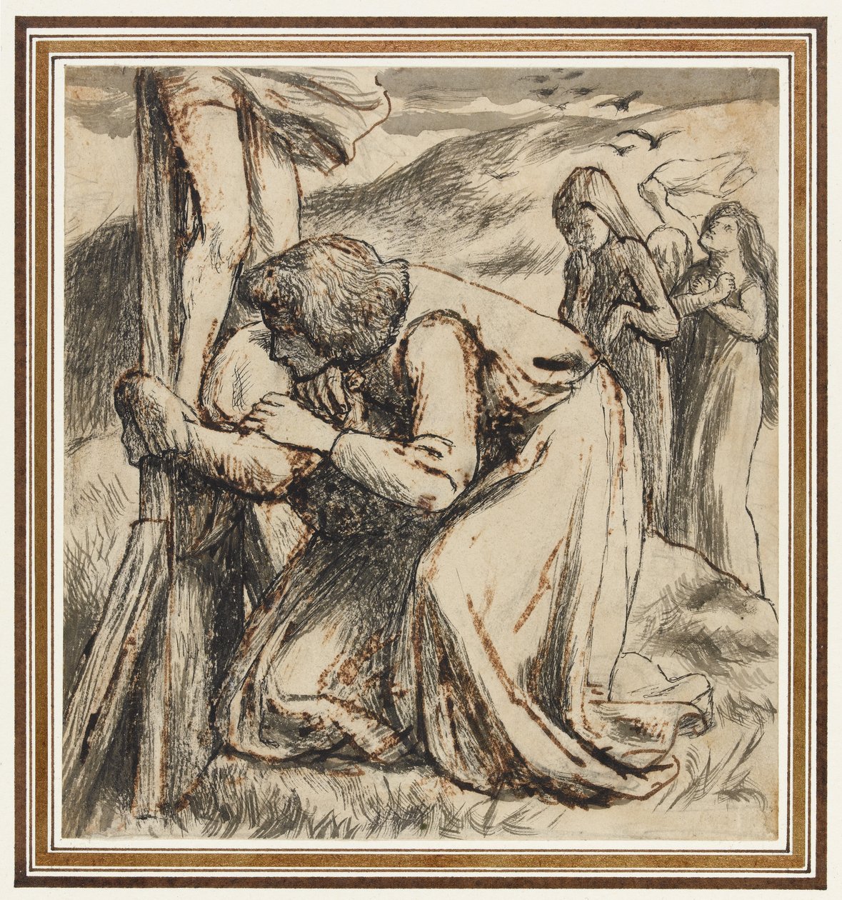 Jean réconfortant la Vierge au pied de la croix, vers 1857-58 (plume, encre de Chine et lavis sépia sur papier) - Dante Gabriel Charles Rossetti