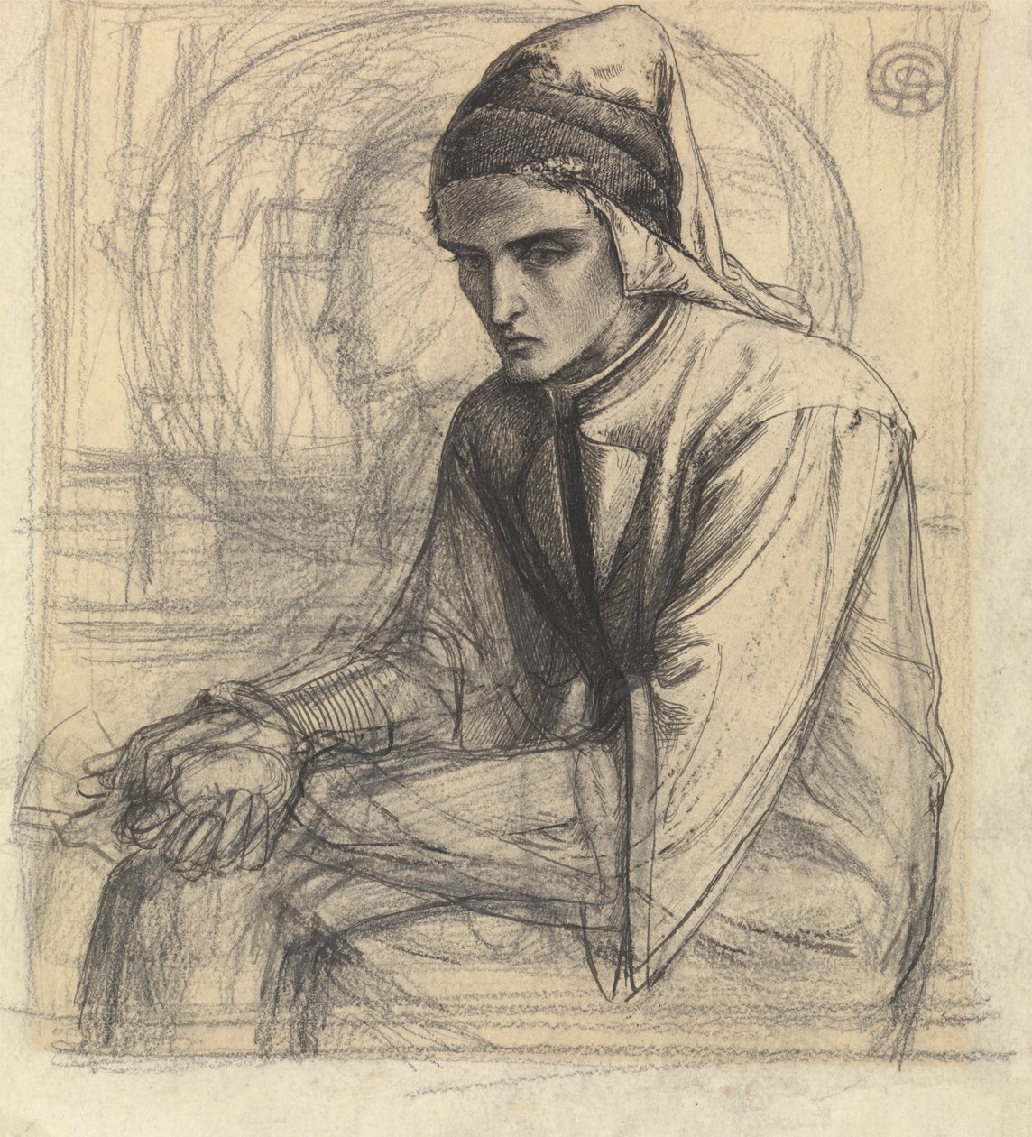 Dante en méditation tenant une grenade - Dante Gabriel Rossetti