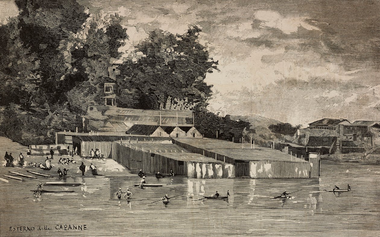 Établissement de bains, bains publics du Tibre à Rome, Italie, gravure d