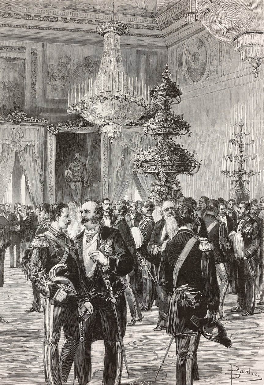 Politiciens et officiers italiens célébrant le réveillon du Nouvel An au Palais du Quirinal, Rome, Italie, gravure de Centenari d